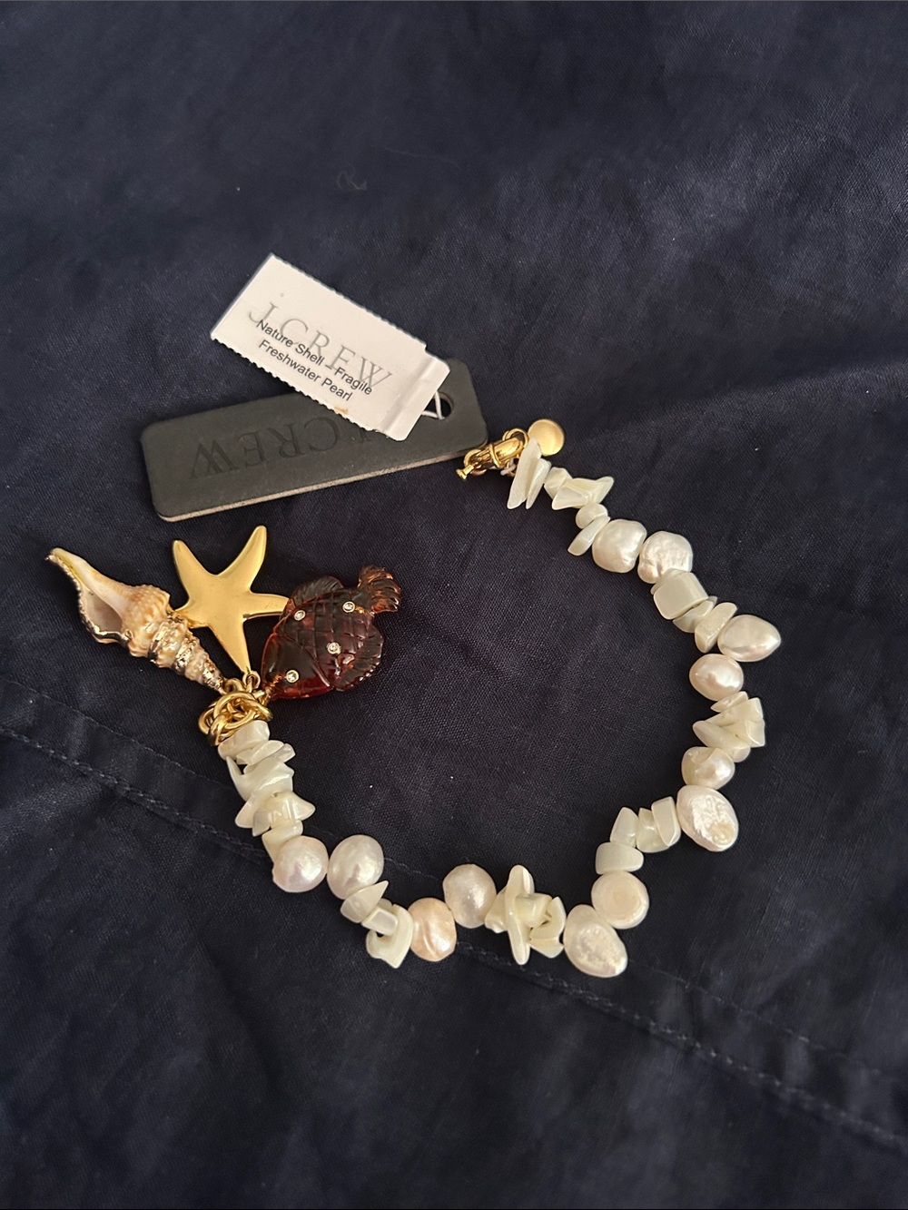 J. Crew Gold tone Charm Freshwater Pearl Bracelet with Shell & Starfish